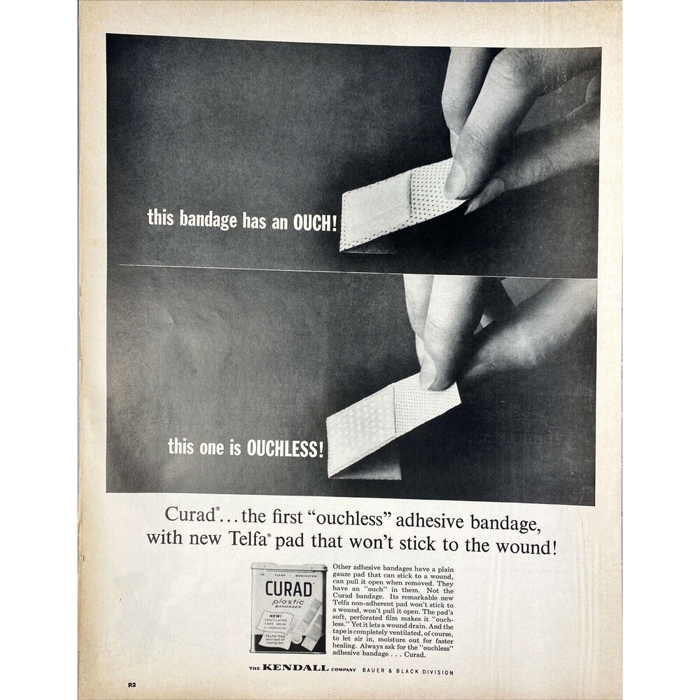 CURAD Bandages "the first 'ouchless' Adhesive bandage" Vintage Print Ad 1963